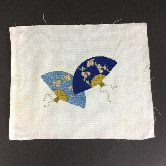 Handcrafted World Map Japanese Fan Finished Cross Stitch Art On Canvas - Picture 1 of 6